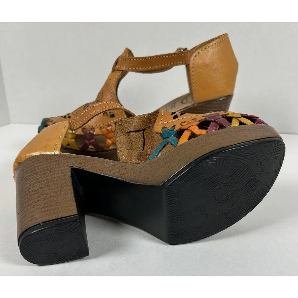 Mexican Leather Huarache Platform Chunky Heel Sandals Mexico 4 US 6-6.5 Colorful